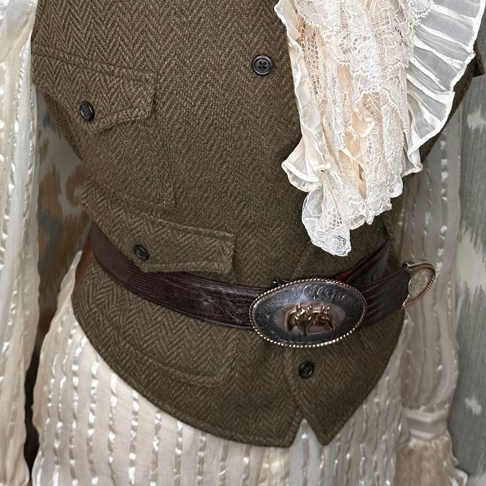 Ralph Lauren Olive Herringbone and Leather Gilet Waistcoat Vest - Picture 9 of 16